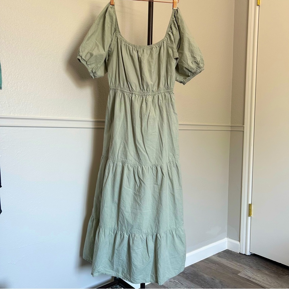 Sim & Sam Sage Green Puff Sleeve Square Neck Peasant Dress Women’s Small